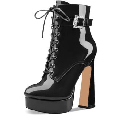 Imagem de Perisis Bota feminina preta de cano curto plataforma com cadarço salto alto grosso fechado bico redondo com zíper lateral e fivela de alça para mulheres sexy e fofas, Patente preta, 42