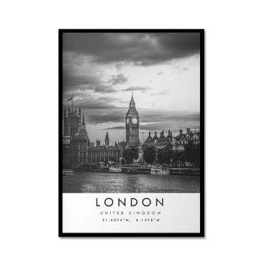 Imagem de Pôster de viagem preto e branco impressão paisagem da cidade do mundo pintura em tela arte de parede de Londres decoração de casa (16 x 24 polegadas (40 x 60 cm), moldura de metal)