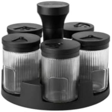 Imagem de Conjunto condimentos vidro temperado, base giratoria para organizacao culinaria, funcional e versatil, preto.