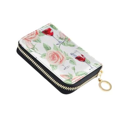 Imagem de Aquarela rosas taças de vinho carteiras brancas para mulheres, porta-cartões, carteira de couro com bloqueio de RFID, zíper ao redor de moedas, bolsa com zíper