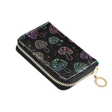 Imagem de Carteira feminina de couro com zíper e bloqueio de RFID, com porta-moedas, estampa engraçada de cogumelos