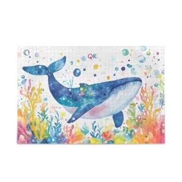 Imagem de Quebra-cabeças coloridos de baleia em aquarela azul de 500 peças, quebra-cabeças compostos de papel e madeira para adultos com bolsa de armazenamento