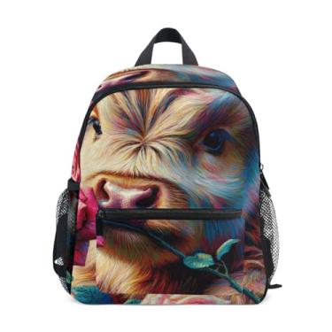 Imagem de Rose Floral Highland Cow Cattle Simple Modern Kids Backpack Girls School Backpack with Front Pocket, Safety Whistle for Ages 3-8
