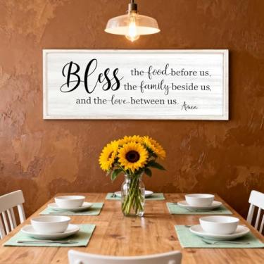 Imagem de Bless the Food Before Us, the Family Beside Us, and the Love between us Arte de parede emoldurada para sala de jantar, 101 cm × 38 cm Santo Positivo Religioso Rústico Versículo da Bíblia para Deus