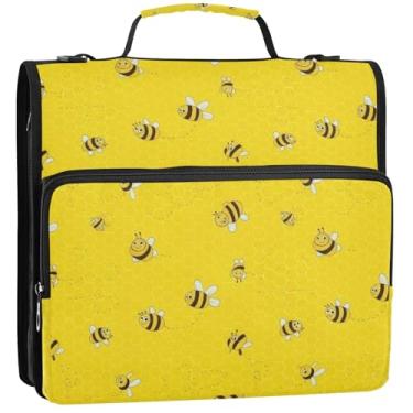 Imagem de Organizador de fichário com zíper, favo de mel, amarelo, 3 anéis, 3 anéis, bolsa fofa para fichário do ensino médio com alça de armazenamento, pasta de portfólio com alça, 34,5 x 31,5 x 9 cm