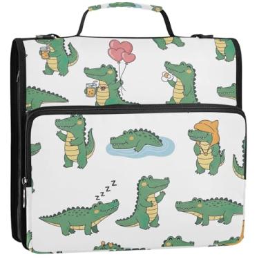 Imagem de Organizador de fichários engraçados de crocodilos fofos com zíper de 3,5 polegadas, fichários resistentes de 3 anéis com alça, estojo de armazenamento de bolsa escolar com alça, 34,5 x 31,5 x 9 cm