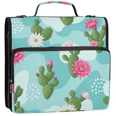 Imagem de Encadernação de tecido de 3 cm com 3 anéis, plantas de cacto verde, flores com zíper, organizador de pasta e estojo para pasta de anel, bolsa de fichário de ensino médio com alça, 34,5 x 31,5 x 8,9 cm