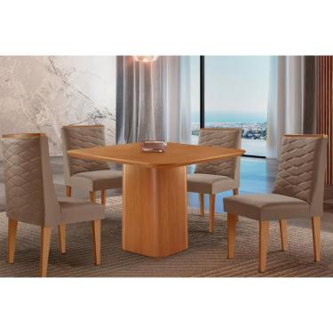 Imagem de Sala Jantar Mesa Maldivas Tampo Curvo 90cm+4 Cadeiras Dafne Madeira Naturale - Capuccino/Suede Capuccino - Rufato