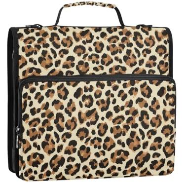 Imagem de Organizador de fichários de leopardo marrom com zíper de 3,5 polegadas, fichários escolares resistentes com alça de ombro, estojo portfólio de armazenamento com alça, 34,5 x 31,5 x 9 cm