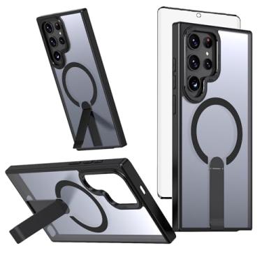 Imagem de Capa de celular para Samsung Galaxy S22 Ultra/S23 Ultra 5G com protetor de tela magnético e suporte rígido híbrido resistente S22ultra 22S S 22 S22ultra5g S23Ultra 23S S 23 23Ultra preta