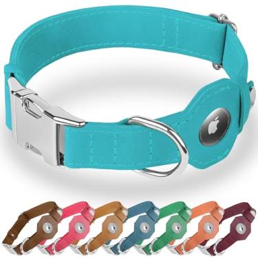 Imagem de BUDKAS Coleira de couro para cães com suporte para Airtag - Coleira macia ajustável para cães com fivela de metal - Rastreamento GPS Apple Air Tag Coleira para cães pequenos e grandes (água-marinha, P