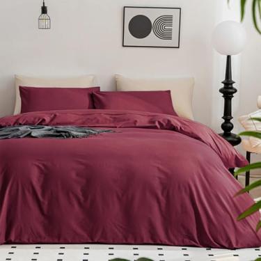 Imagem de JELLYMONI Capa de edredom bordô tamanho Queen - 100% algodão lavado, linho, texturizada, 3 peças, conjunto de cama respirável e macio com fecho de zíper (vinho, Queen 228,6 cm x 228,6 cm)
