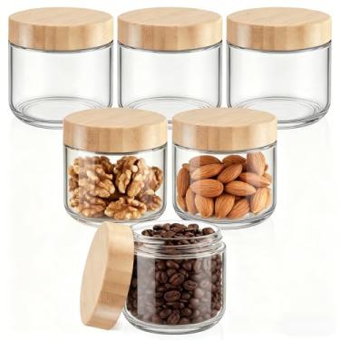 Imagem de Bumobum Potes de vidro de 227 g com tampas, pequeno recipiente de vidro com tampa hermética de bambu, recipientes de boca larga para pudim de chia, preparação de refeições, parfait, salada, lanches