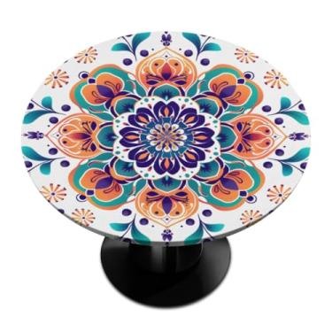 Imagem de Pardick Toalha de mesa redonda de mandala boêmia com capa de mesa elástica, toalha de mesa elástica redonda, toalha de mesa à prova d'água e limpável, serve para mesas de até 114 a 142 cm de diâmetro