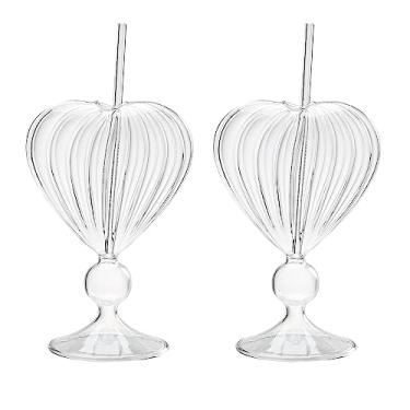 Imagem de Conjunto de 227 copos de coquetel exclusivos de 2 copos de vinho criativos em forma de coração com palha, copos românticos de suco para casamento, casa, bar, festa (listras)