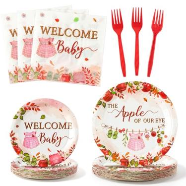 Imagem de K1tpde Utensílios de mesa para chá de bebê da Apple – 96 peças de pratos e guardanapos de papel The Apple of Our Eye, utensílios de jantar descartáveis com garfos de plástico vermelho para decoração
