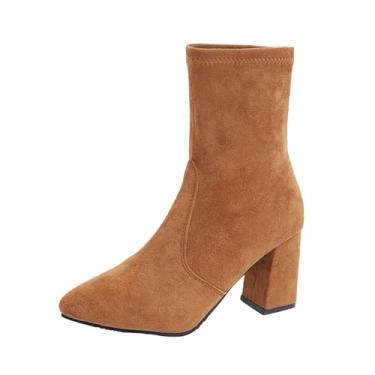 Imagem de Botas de camurça com bico fino e salto grosso para mulheres, casual, uso ao ar livre, botas curtas de salto alto, Café, 36