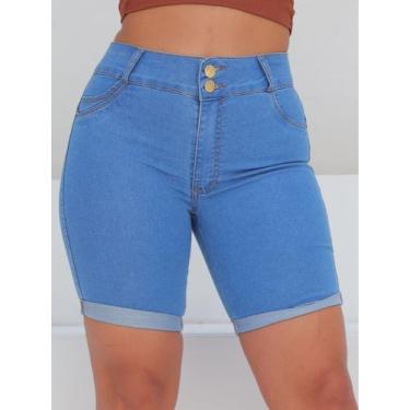 Imagem de Short jeans feminino meia coxa lycra cintura alta modelador com barra 