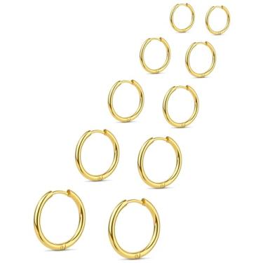 Imagem de 5 pares de brincos de argola pequenos para mulheres, brincos de prata / ouro hipoalergênicos leves de aço inoxidável para orelhas sensíveis, argola de cartilagem empilhável, joias minimalistas para o