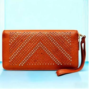 Imagem de Carteira feminina de couro com porta-cartão de crédito, carteira longa, elegante, fivela, zíper, clutch, Marrom