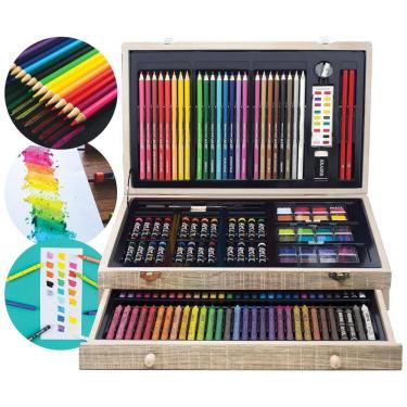 Imagem de Kit Lápis de Cor Profissional com Maleta de Madeira 142 peças Tintas Acrílicas, Aquarela, ART 101 USA 55142MB, Marrom Claro