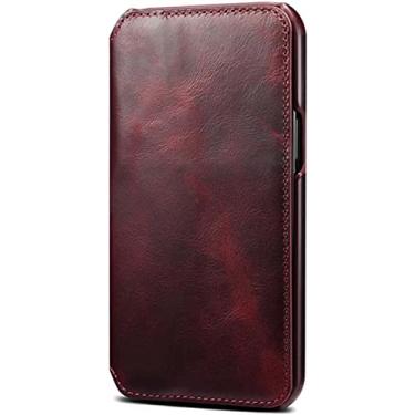 Imagem de CYSUE para Apple iPhone 14 Plus (2022) coldre de 6,7 polegadas, capa de telefone retrô de cera de óleo de couro de vaca à prova de choque capa de telefone carteira [porta-cartão] (cor: vermelho)