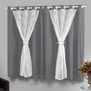 Imagem de Cortina Tecido Renda Para Janela Curta 2,80m Cinza Marrocos - Casa Imp