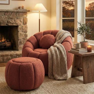 Imagem de Kit Poltrona Decorativa Concha C/Almofada e Puff Boucle Terracota Abobora  - Montanaris Decor