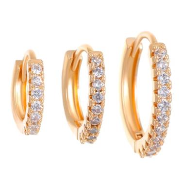 Imagem de 3 brincos pequenos banhados a ouro hipoalergênicos com strass para mulheres, piercing de cartilagem empilhável, joias leves para presentes