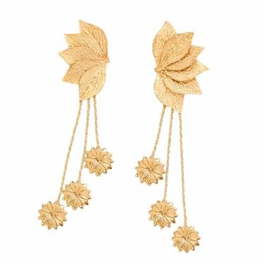 Imagem de Brincos Longos Dourados com Folhas e Flores Pendentes em Cascata, Design Floral Statement 12cm, Liga Metálica Banhada a Ouro