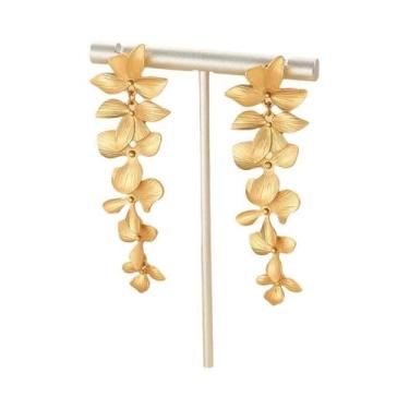 Imagem de Brincos Longos De Folha De Metal Dourado Vintage Com Design De Flor Pa