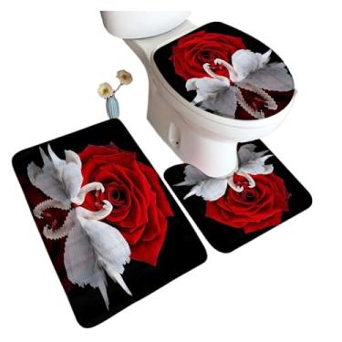 Imagem de Conjunto de tapete de banho rosa vermelha flor preta para casa tapete decoração de banheiro tapetes de banheiro capa de banheiro (50 x 80 cm, estilo a)