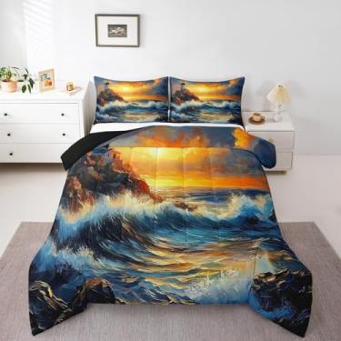 Imagem de Castle Fairy Conjunto de edredom casal com 3 peças, estampa 3D de ondas do mar, oceano e adultos, amarelo, laranja, sol, tema náutico, conjunto de edredom com 2 fronhas