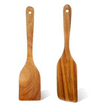 Imagem de 2 espátulas de madeira para utensílios de cozinha, espátula de madeira de cabo longo para panelas antiaderentes, colher, espátula de panqueca, raspador de teca natural, conjunto de utensílios de
