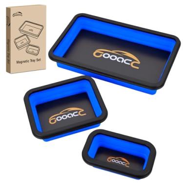 Imagem de GOOACC Conjunto de bandeja de peças magnéticas dobráveis de silicone azul 3 tamanhos organizador para parafusos, parafusos, porcas, pinos, arruelas e outras peças de metal pequenas, base magnética