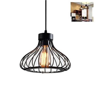 Imagem de Luminária pendente preta estilo industrial vintage, soquete E27, lustre moderno com fio ajustável, estrutura metálica em forma de gaiola, ideal para cozinha, quarto, sala de jantar, hall de