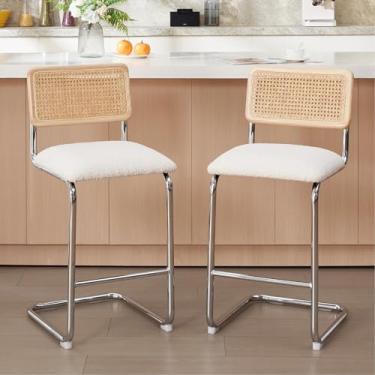 Imagem de Zesthouse Conjunto de 2 bancos de balcão de vime natural, 66 cm de altura de balcão moderno de meados do século com costas de madeira maciça e malha de cana, bancos de bar estofados brancos para ilha