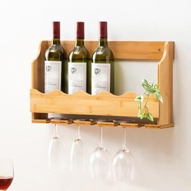 Imagem de Rack de vinho moderno montado na parede - Suporte de madeira fabricado com estilo para bar doméstico, cozinha e sala de estar - Prateleira de garrafa simples para restaurantes e armários de bebidas