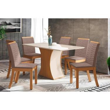 Imagem de Conjunto Mesa De Cozinha Luiza Tampo Madeirado Com Vidro 160x90cm E 6 Cadeiras Isa Nature Suede Light Bege Henn