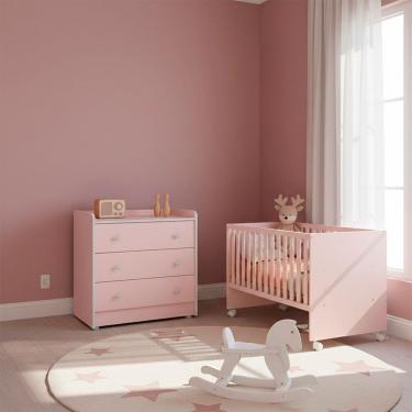 Imagem de Quarto Bebe Infantil Doce Sonho Berco Reto Rodizio e Comoda Trocador 4 Gavetas Qmovi