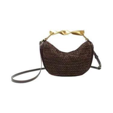 Imagem de Bolsa De Praia Feminina Boêmia De Palha Com Alça De Metal, Meia-Lua De