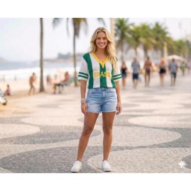 Imagem de Blusa Feminina Brasil Tricot Vazado Decote V Cor:Verde/BrancoTamanho:3