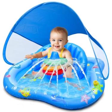 Imagem de iGeeKid Piscina Inflável Para Bebês Com Cobertura, Piscina Infantil Com Aspersor De Água Para Crianças - Tapete De Brincar Para Bebês Com Encosto E Argolas Empilháveis, Brinquedos Aquáticos Para Áre