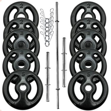 Imagem de Kit Anilhas Emborrachadas Preta 30 Kg + Barras com Presilhas-Unissex