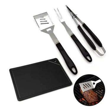 Imagem de Kit Churrasco Espátula Pegador Garfão Inox Placa Preta 37x25 - FRIGOPR