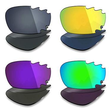Imagem de 4 pares de lentes polarizadas de substituição da Mryok para óculos de sol ventilados Oakley Jawbone – Preto IR/24K dourado / roxo plasma/verde esmeralda