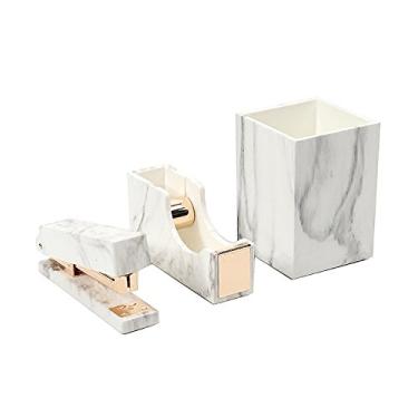 Imagem de Porta-caneta de mesa branco em mármore com suporte de lápis e suporte de caneta de maquiagem para organizadores de mesa e acessórios, Marble White, Pen Holder & Tape Dispenser & Stapler