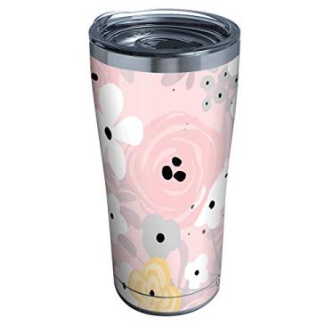 Imagem de Tervis Copo isolado de aço inoxidável com padrão floral rosa com tampa transparente e preta, 590 ml, prata