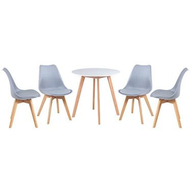 Imagem de Loft7, Kit Mesa redonda 70 cm branco + 4 cadeiras Leda cinza claro