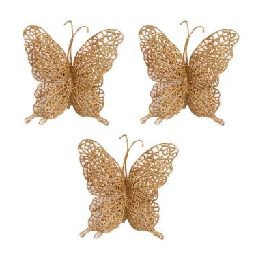 Imagem de Enfeites Natal Borboletas Glitter Dourado 3 Peças